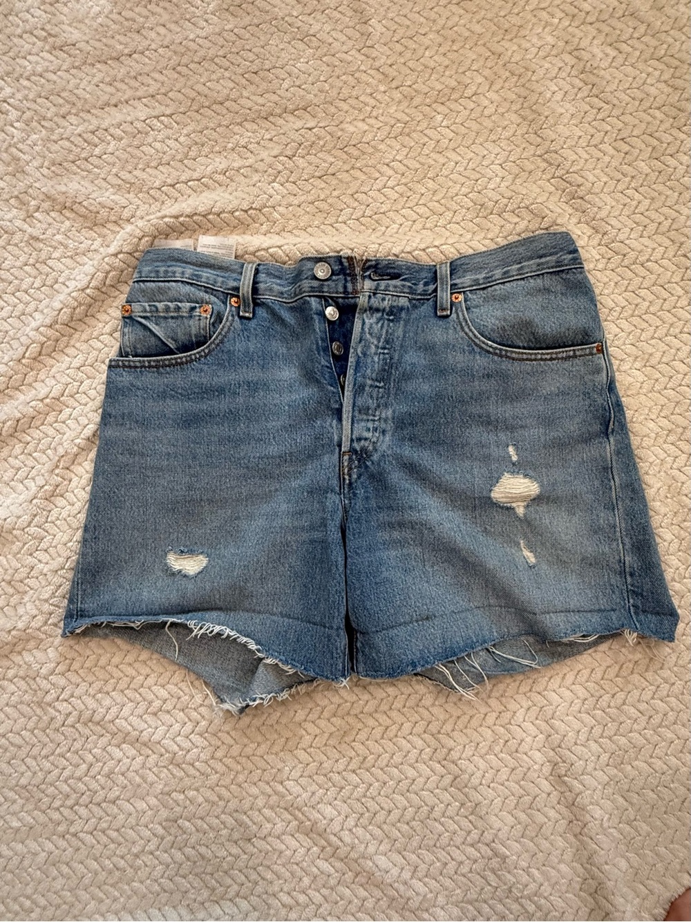 Levi's Medium Blue Distressed High-Waist Denim Shorts